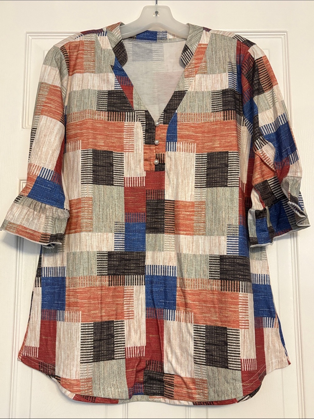 Patchwork Print V-Neck Button Front Blouse in Rust, Blue & Black